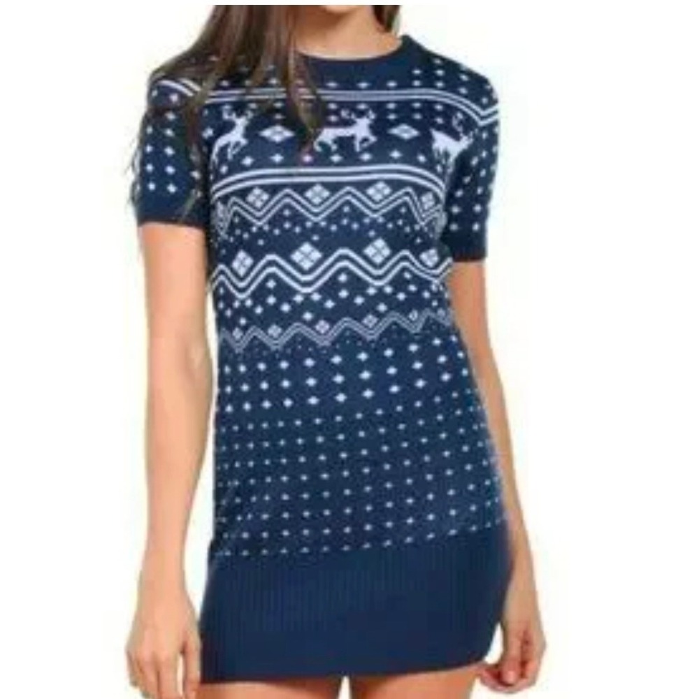Tipsy Elves Womens‎ Humping Reindeer Fair Isle Short Sleeve Sweater Dress Navy S